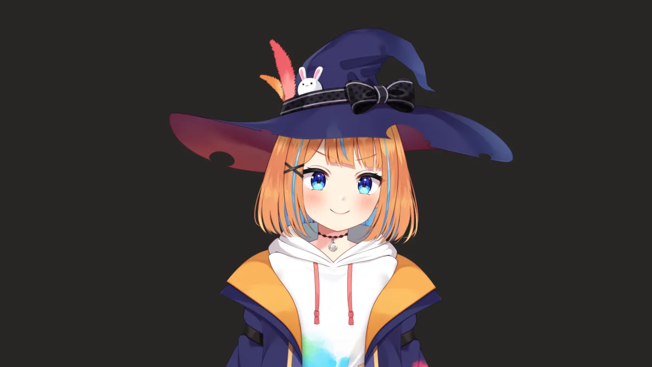 Yuna's Live2D avatar, a smiling girl in a witch hat and paint-splashed coat